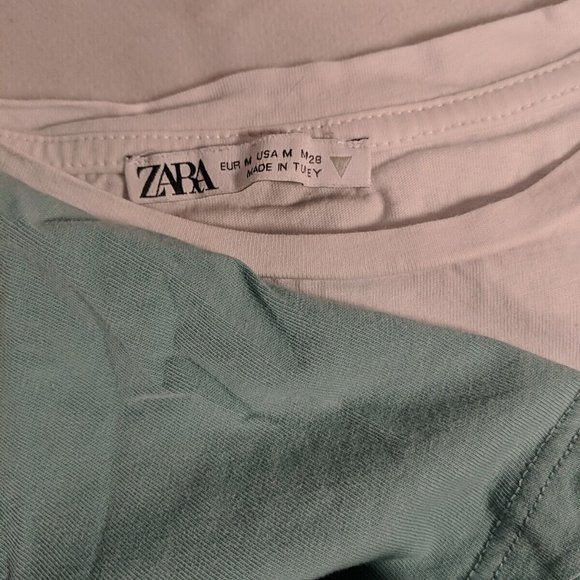 2 Zara T-Shirts Tops White Teal Blue Mint Green Pocket Detail Women's M Medium - Picture 5 of 16